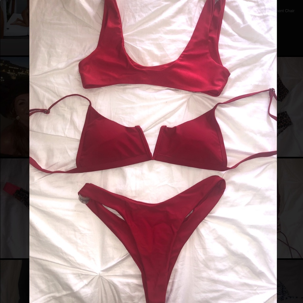 Two bikini tops and one bottom